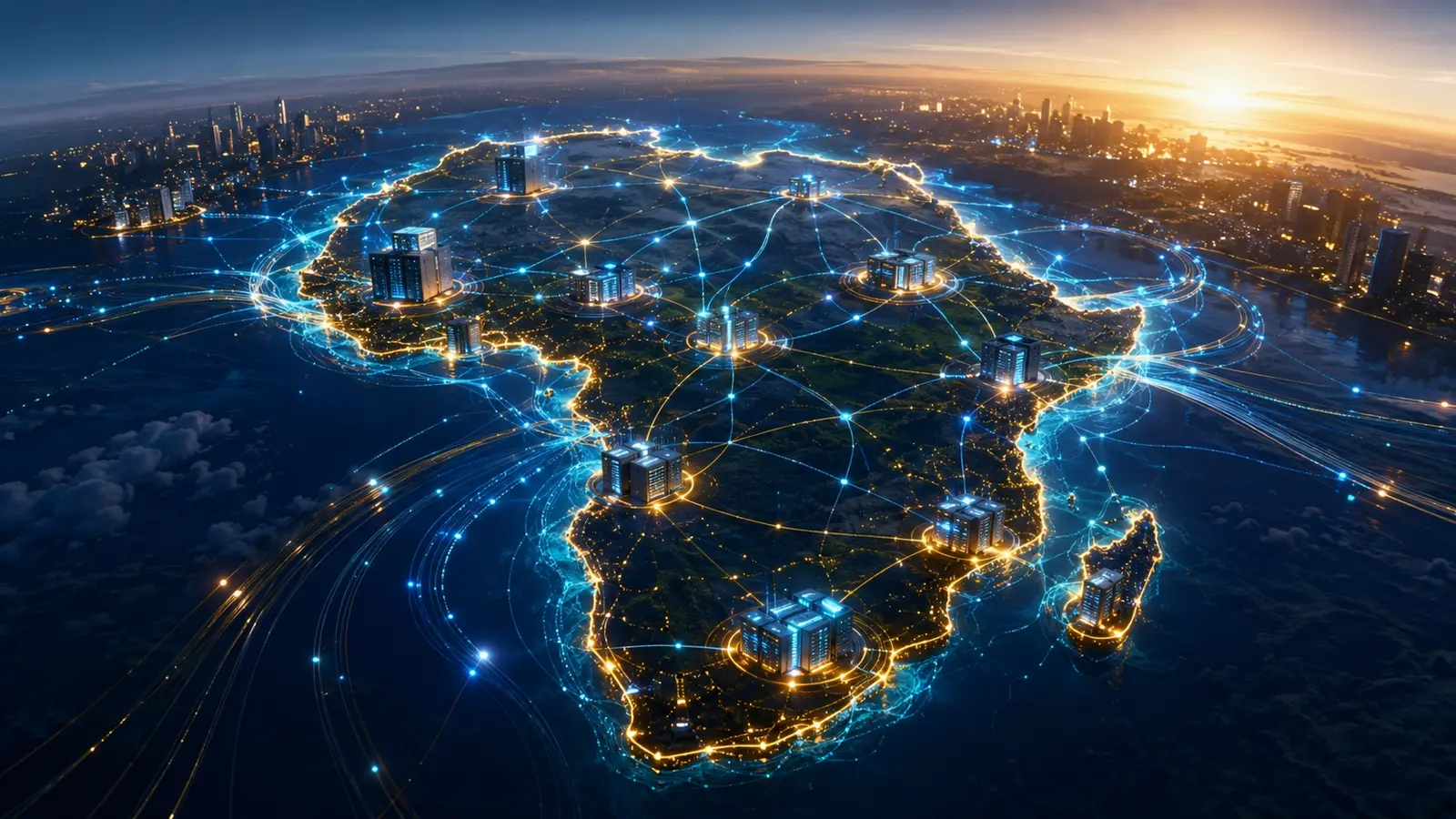 Carte de l’Afrique reliée par des datacenters et des réseaux numériques souverains