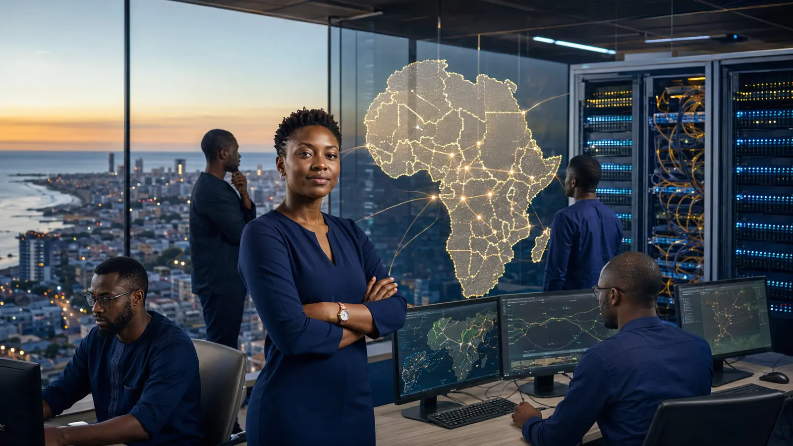Équipe africaine pilotant des infrastructures numériques souveraines depuis Dakar