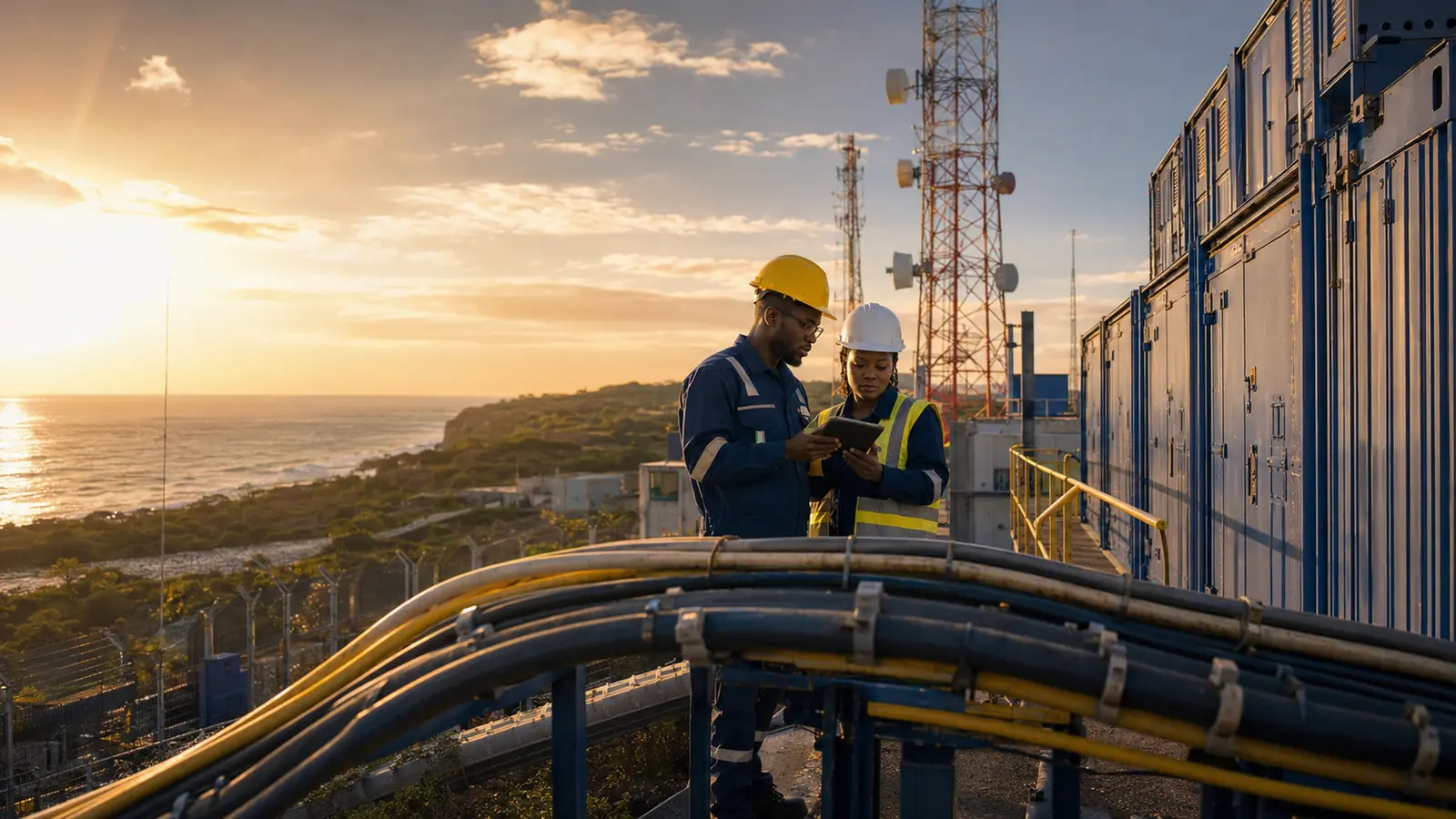 Ingénieurs africains inspectant une infrastructure télécom critique en zone côtière